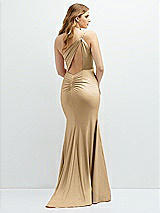 Rear View Thumbnail - Soft Gold Asymmetrical Open-Back One-Shoulder Stretch Satin Mermaid Dress