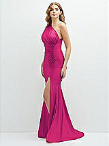 Alt View 1 Thumbnail - Think Pink Asymmetrical Open-Back One-Shoulder Stretch Satin Mermaid Dress