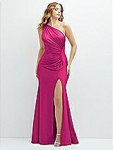 Front View Thumbnail - Think Pink Asymmetrical Open-Back One-Shoulder Stretch Satin Mermaid Dress
