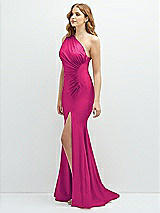 Side View Thumbnail - Think Pink Asymmetrical Open-Back One-Shoulder Stretch Satin Mermaid Dress
