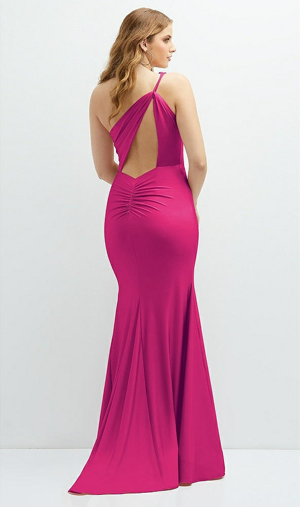 Back View - Think Pink Asymmetrical Open-Back One-Shoulder Stretch Satin Mermaid Dress