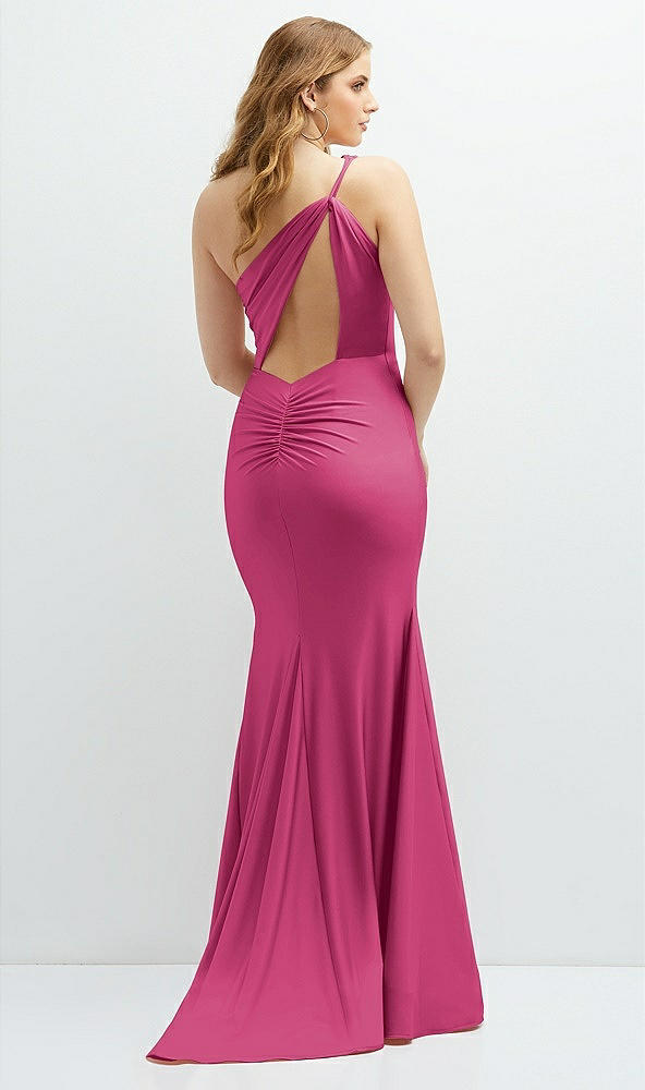Back View - Tea Rose Asymmetrical Open-Back One-Shoulder Stretch Satin Mermaid Dress