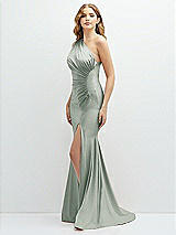 Alt View 1 Thumbnail - Willow Green Asymmetrical Open-Back One-Shoulder Stretch Satin Mermaid Dress
