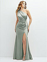 Front View Thumbnail - Willow Green Asymmetrical Open-Back One-Shoulder Stretch Satin Mermaid Dress