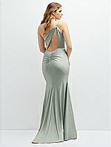 Rear View Thumbnail - Willow Green Asymmetrical Open-Back One-Shoulder Stretch Satin Mermaid Dress