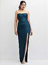 Front View Thumbnail - Atlantic Blue Strapless Stretch Satin Corset Dress with Draped Column Skirt