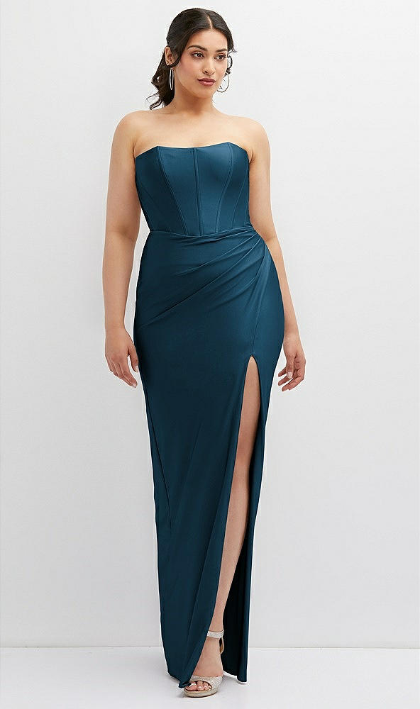 Front View - Atlantic Blue Strapless Stretch Satin Corset Dress with Draped Column Skirt