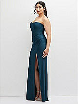 Side View Thumbnail - Atlantic Blue Strapless Stretch Satin Corset Dress with Draped Column Skirt