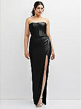 Front View Thumbnail - Black Strapless Stretch Satin Corset Dress with Draped Column Skirt