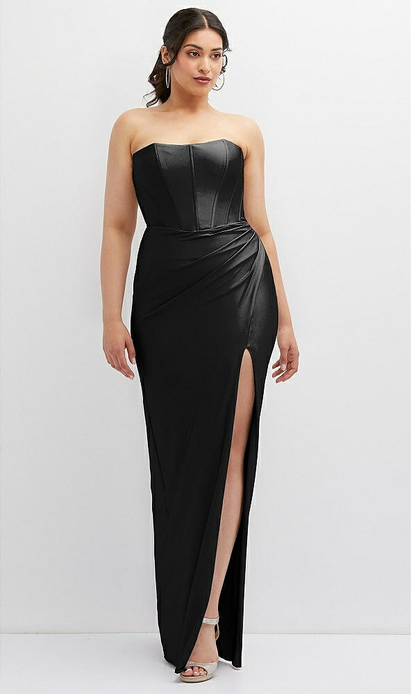 Front View - Black Strapless Stretch Satin Corset Dress with Draped Column Skirt