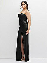 Side View Thumbnail - Black Strapless Stretch Satin Corset Dress with Draped Column Skirt