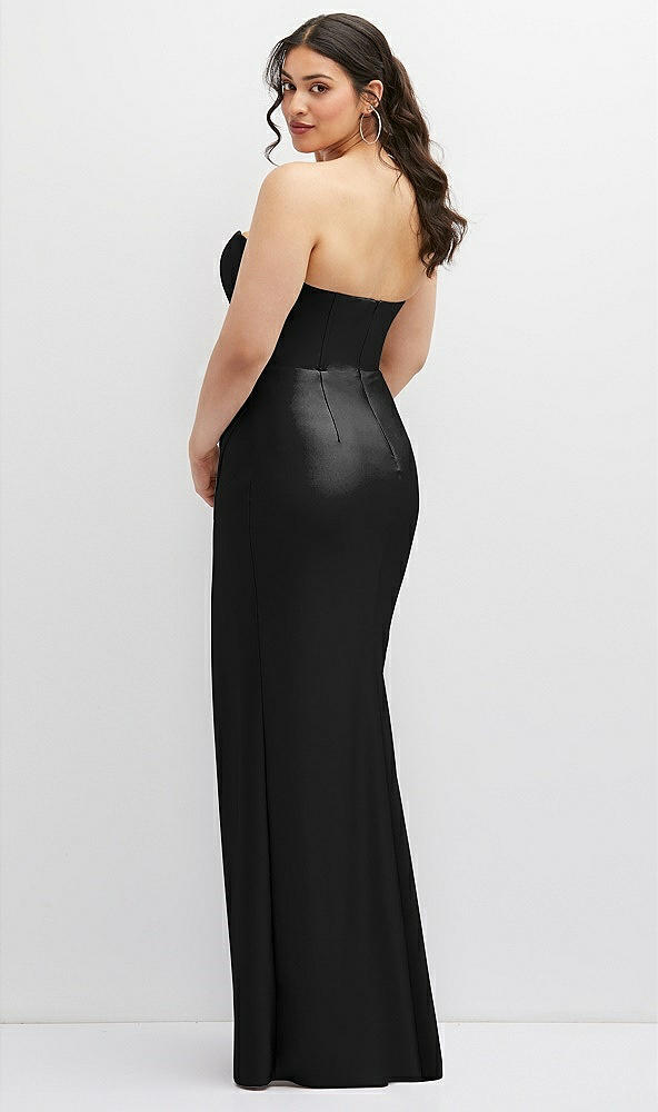 Back View - Black Strapless Stretch Satin Corset Dress with Draped Column Skirt