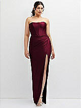 Front View Thumbnail - Cabernet Strapless Stretch Satin Corset Dress with Draped Column Skirt
