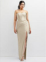 Front View Thumbnail - Champagne Strapless Stretch Satin Corset Dress with Draped Column Skirt