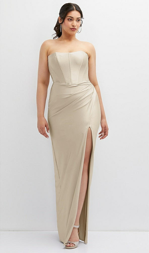 Front View - Champagne Strapless Stretch Satin Corset Dress with Draped Column Skirt