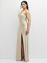 Side View Thumbnail - Champagne Strapless Stretch Satin Corset Dress with Draped Column Skirt