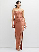 Front View Thumbnail - Copper Penny Strapless Stretch Satin Corset Dress with Draped Column Skirt