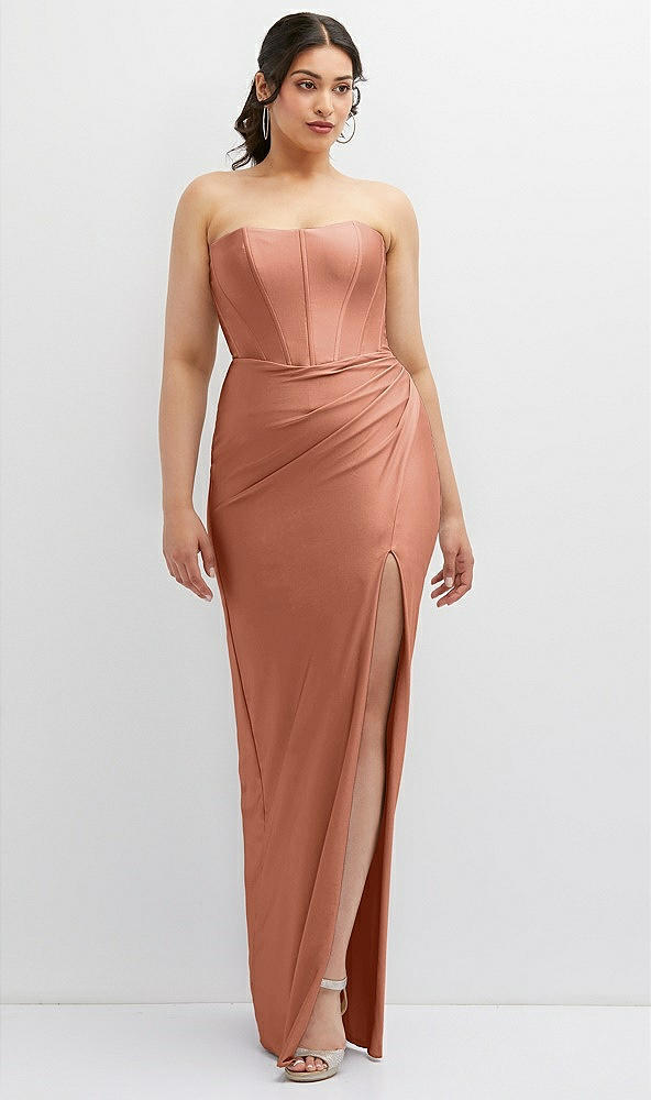 Front View - Copper Penny Strapless Stretch Satin Corset Dress with Draped Column Skirt