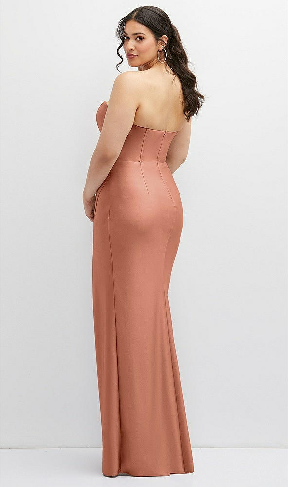 Back View - Copper Penny Strapless Stretch Satin Corset Dress with Draped Column Skirt
