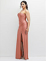 Side View Thumbnail - Desert Rose Strapless Stretch Satin Corset Dress with Draped Column Skirt