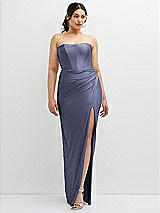 Front View Thumbnail - French Blue Strapless Stretch Satin Corset Dress with Draped Column Skirt