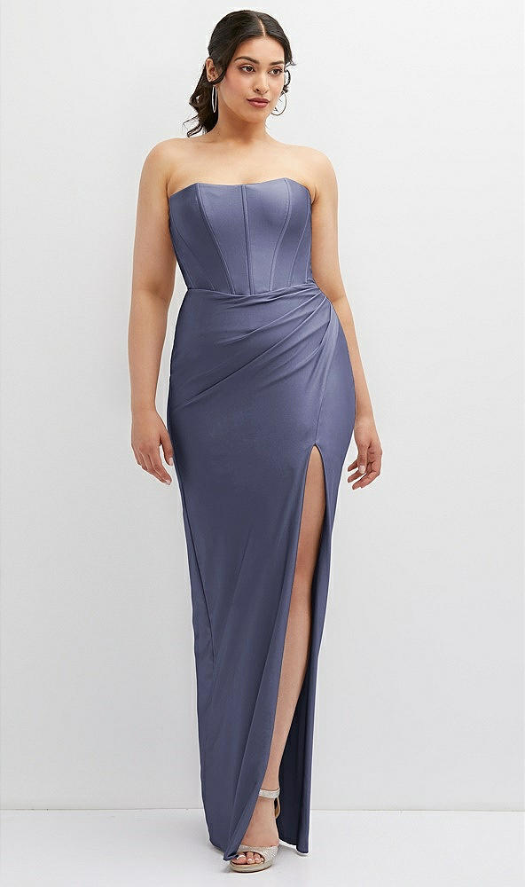 Front View - French Blue Strapless Stretch Satin Corset Dress with Draped Column Skirt