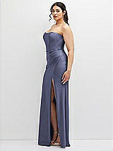 Side View Thumbnail - French Blue Strapless Stretch Satin Corset Dress with Draped Column Skirt