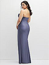 Rear View Thumbnail - French Blue Strapless Stretch Satin Corset Dress with Draped Column Skirt