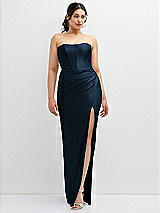 Front View Thumbnail - Midnight Navy Strapless Stretch Satin Corset Dress with Draped Column Skirt