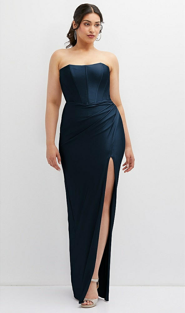 Front View - Midnight Navy Strapless Stretch Satin Corset Dress with Draped Column Skirt