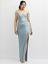 Front View Thumbnail - Mist Strapless Stretch Satin Corset Dress with Draped Column Skirt