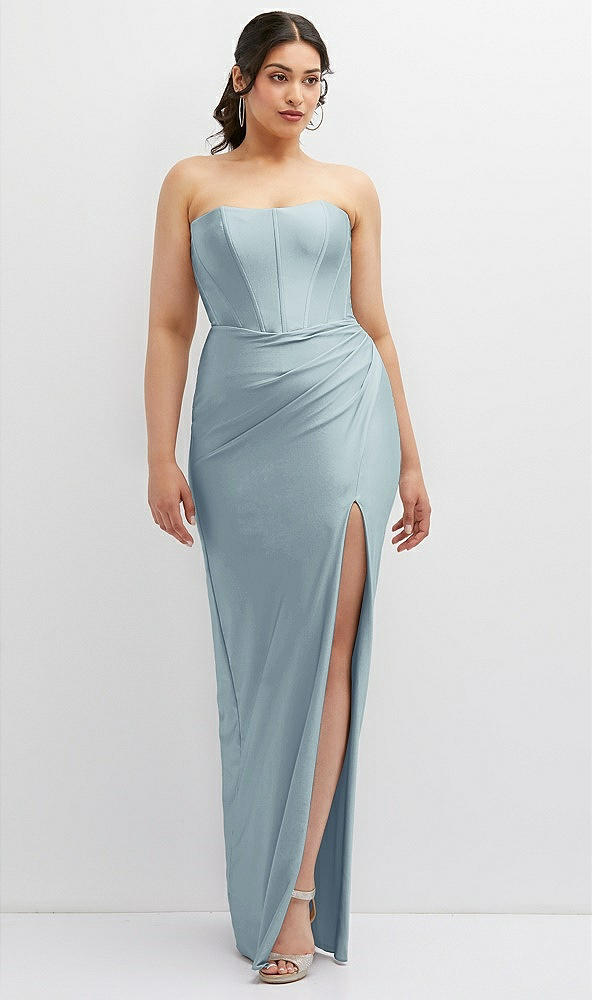 Front View - Mist Strapless Stretch Satin Corset Dress with Draped Column Skirt