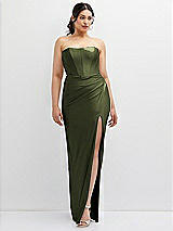 Front View Thumbnail - Olive Green Strapless Stretch Satin Corset Dress with Draped Column Skirt
