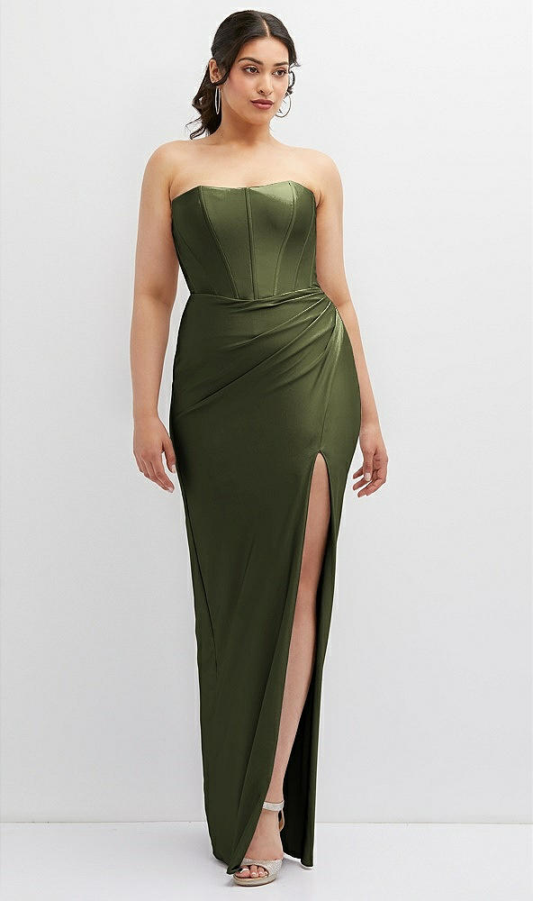 Front View - Olive Green Strapless Stretch Satin Corset Dress with Draped Column Skirt