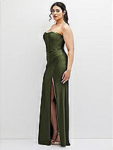 Side View Thumbnail - Olive Green Strapless Stretch Satin Corset Dress with Draped Column Skirt