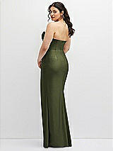 Rear View Thumbnail - Olive Green Strapless Stretch Satin Corset Dress with Draped Column Skirt