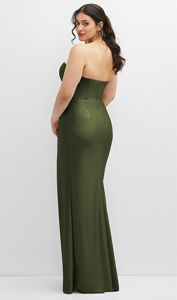 Back View - Olive Green Strapless Stretch Satin Corset Dress with Draped Column Skirt