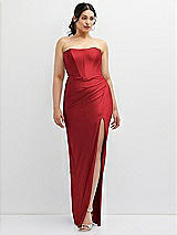 Front View Thumbnail - Poppy Red Strapless Stretch Satin Corset Dress with Draped Column Skirt