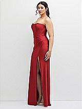 Side View Thumbnail - Poppy Red Strapless Stretch Satin Corset Dress with Draped Column Skirt