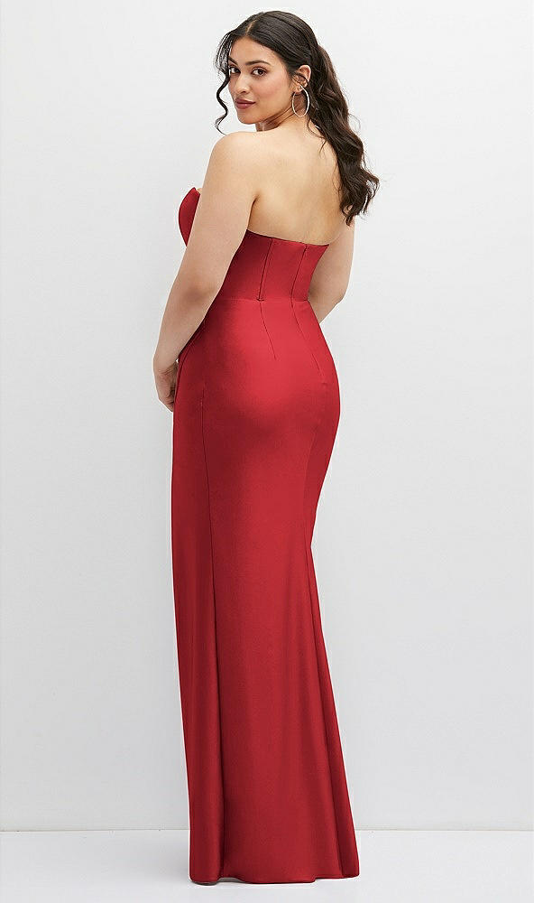 Back View - Poppy Red Strapless Stretch Satin Corset Dress with Draped Column Skirt