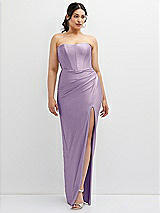 Front View Thumbnail - Pale Purple Strapless Stretch Satin Corset Dress with Draped Column Skirt
