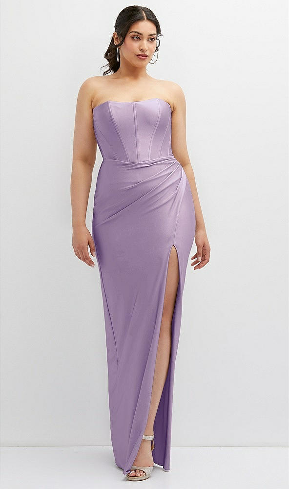 Front View - Pale Purple Strapless Stretch Satin Corset Dress with Draped Column Skirt