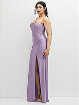 Side View Thumbnail - Pale Purple Strapless Stretch Satin Corset Dress with Draped Column Skirt