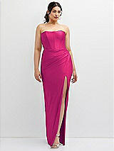Front View Thumbnail - Think Pink Strapless Stretch Satin Corset Dress with Draped Column Skirt