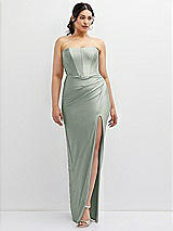 Front View Thumbnail - Willow Green Strapless Stretch Satin Corset Dress with Draped Column Skirt