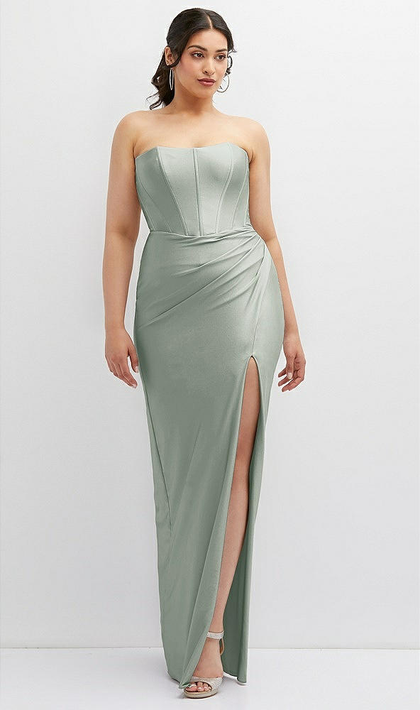 Front View - Willow Green Strapless Stretch Satin Corset Dress with Draped Column Skirt