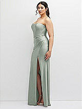 Side View Thumbnail - Willow Green Strapless Stretch Satin Corset Dress with Draped Column Skirt