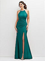 Front View Thumbnail - Peacock Teal Halter Asymmetrical Draped Stretch Satin Mermaid Dress with Rhinestone Straps