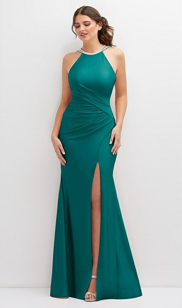 Front View - Peacock Teal Halter Asymmetrical Draped Stretch Satin Mermaid Dress with Rhinestone Straps