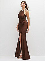 Side View Thumbnail - Cognac Halter Asymmetrical Draped Stretch Satin Mermaid Dress with Rhinestone Straps